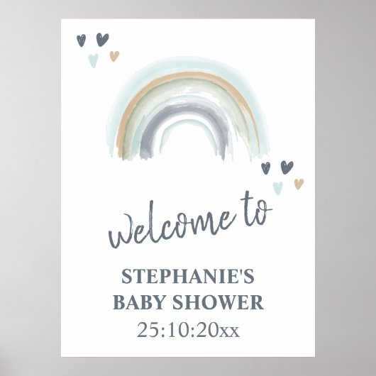Welkom bord baby shower blauw boho regenboog poster (Voorkant)