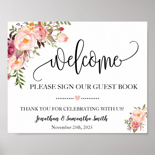 Welkom bord ons gastboek trouw roze bloem poster (Voorkant)