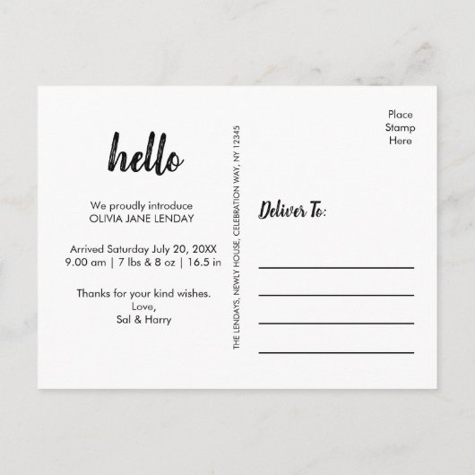 Welkom | Briefkaart ter bekendmaking van de geboor (Achterkant)