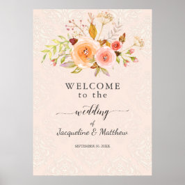Welkom Bruiloft Bloemen Damask Waterverf Poster