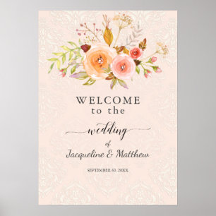 Welkom Bruiloft Bloemen Damask Waterverf Poster