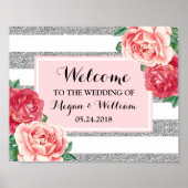 Welkom bruiloft Blush Silver Stripes Pink Floral Poster (Voorkant)