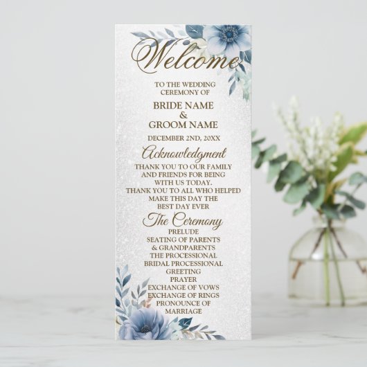 Welkom Bruiloft Dusty Blue Waterverf Flowers Programmakaart (Staand voorkant)