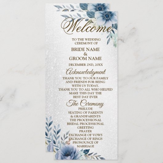 Welkom Bruiloft Dusty Blue Waterverf Flowers Programmakaart (Voorkant / Achterkant)