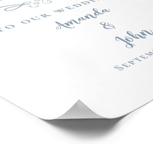 Welkom bruiloft Elegant Calligraphy Dusty Blue Poster (Hoek)
