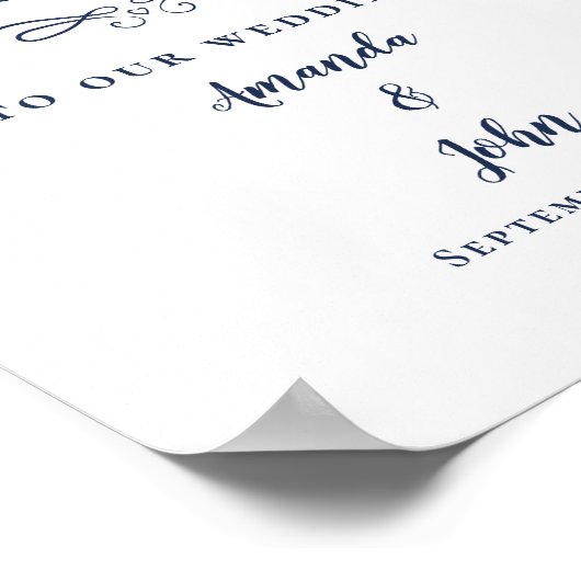 Welkom bruiloft Elegant Modern Calligraphy Blue Poster (Hoek)