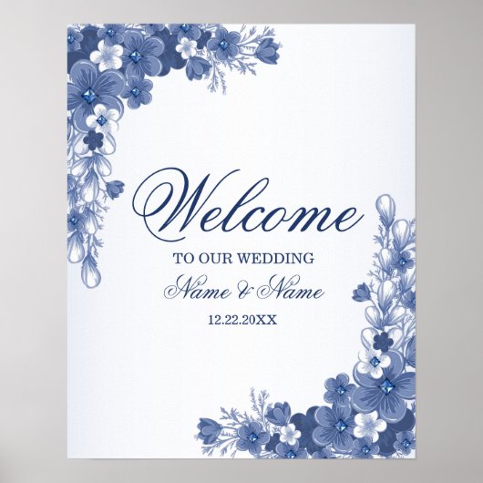 Welkom bruiloft Floral Blue Rustic Elegant Poster (Voorkant)