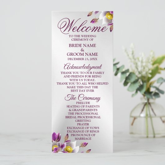 Welkom bruiloft Floral Pink Paars Silver Elegant Programmakaart (Staand voorkant)