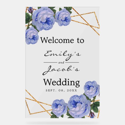 Welkom bruiloft Gold Glitter Geo Blue Floral Acryl Bord (Voorkant)