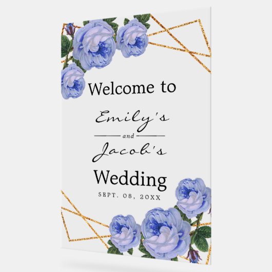 Welkom bruiloft Gold Glitter Geo Blue Floral Acryl Bord (Hoek)