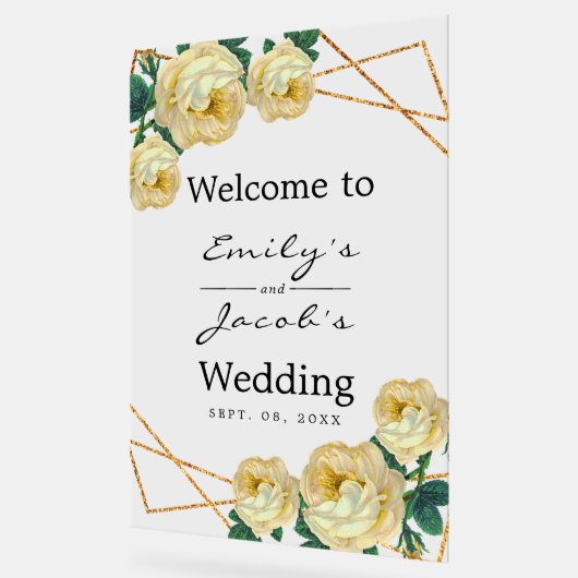 Welkom bruiloft Gold Glitter Geo Yellow Floral Acryl Bord (Hoek)