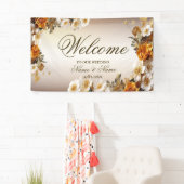 Welkom Bruiloft Gouden Sinaasappel Witte Bloemen Spandoek (Insitu)