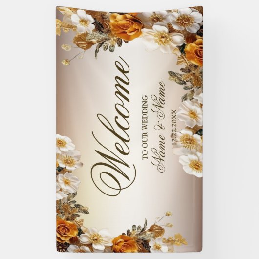 Welkom Bruiloft Gouden Sinaasappel Witte Bloemen Spandoek (Verticaal)
