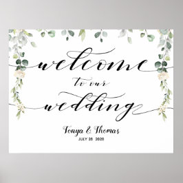 Welkom bruiloft Greenery Swash Calligraphy Sign Poster