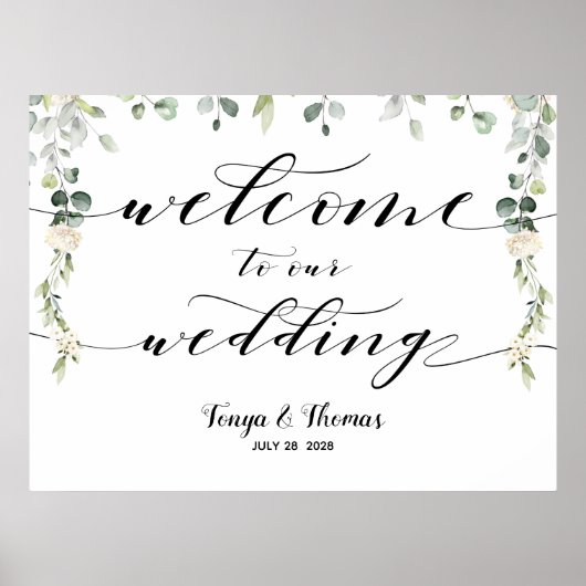 Welkom bruiloft Greenery Swash Calligraphy Sign Poster (Voorkant)