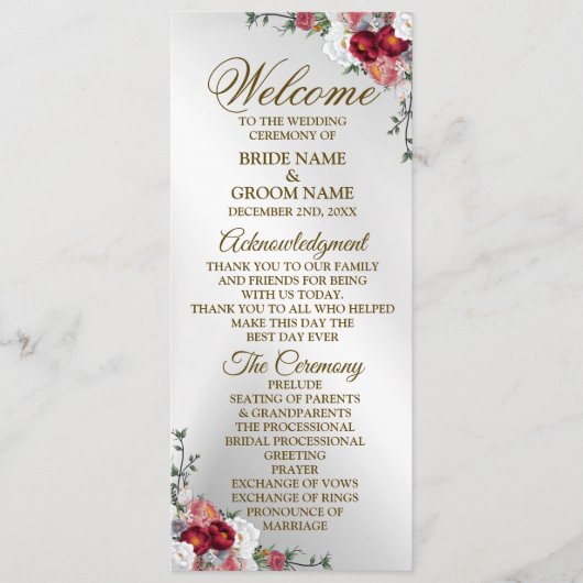Welkom bruiloft kleurig rood wit zilver programmakaart (Voorkant)