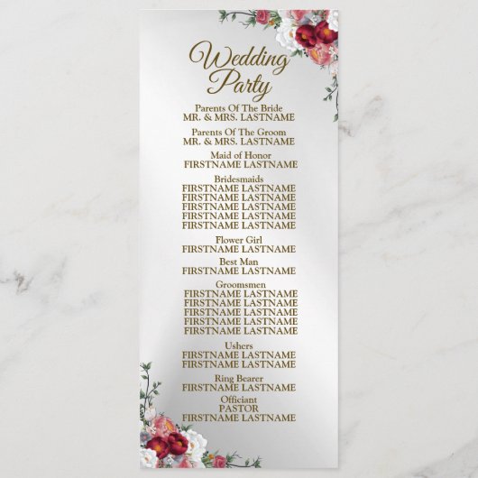 Welkom bruiloft kleurig rood wit zilver programmakaart (Achterkant)