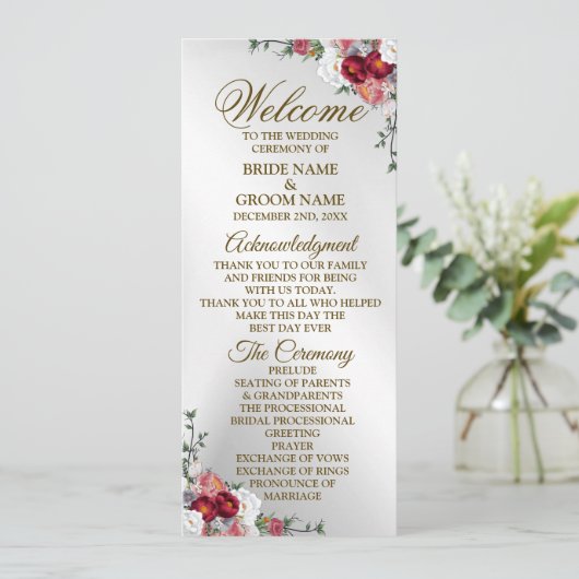 Welkom bruiloft kleurig rood wit zilver programmakaart (Staand voorkant)