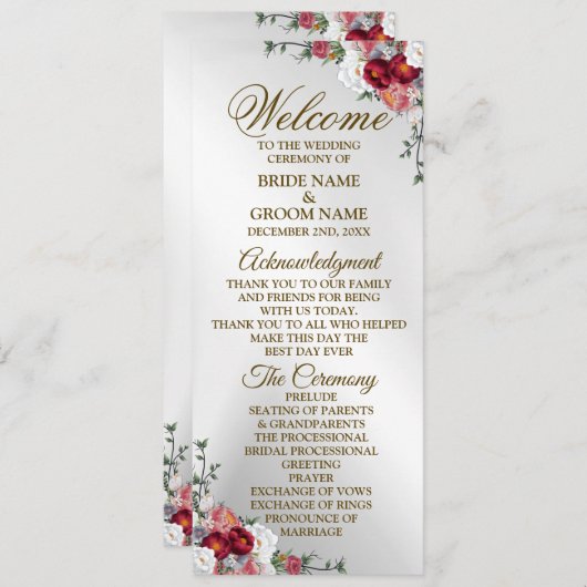 Welkom bruiloft kleurig rood wit zilver programmakaart (Voorkant / Achterkant)