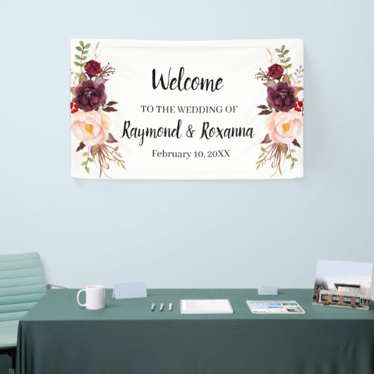 Welkom bruiloft Marsala Flowers Banner (Beurs)