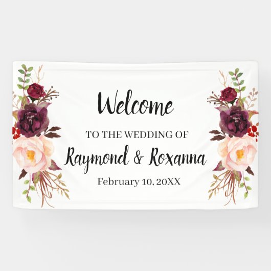 Welkom bruiloft Marsala Flowers Banner (Horizontaal)