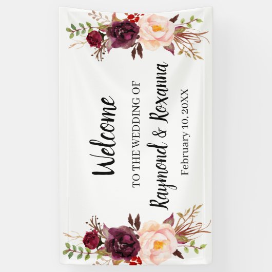 Welkom bruiloft Marsala Flowers Banner (Verticaal)