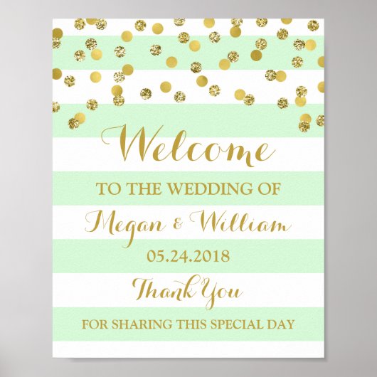 Welkom bruiloft Mint Stripes Gold Confetti Poster (Voorkant)