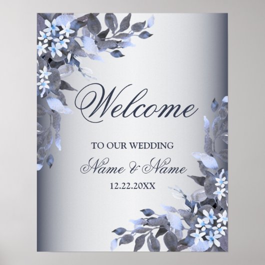 Welkom bruiloft Navy Blue Floral Modern Poster (Voorkant)