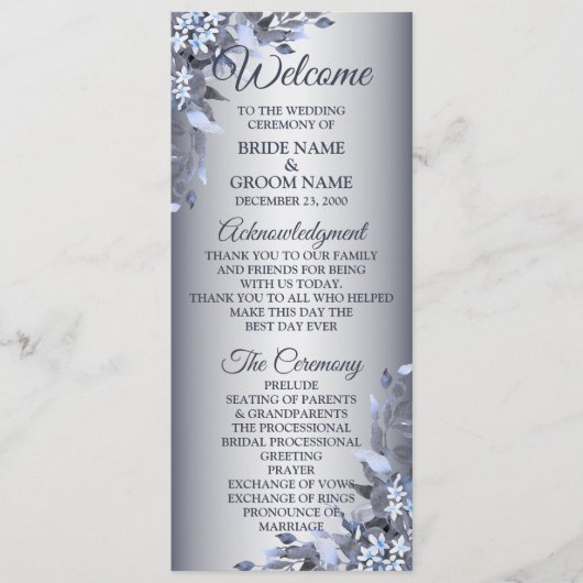 Welkom bruiloft Navy Blue Floral Silver Elegant Programmakaart (Voorkant)