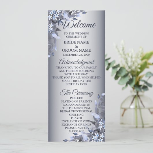 Welkom bruiloft Navy Blue Floral Silver Elegant Programmakaart (Staand voorkant)