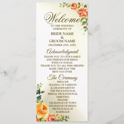 Welkom bruiloft Oranje Gele Rode Floral Greenery Programmakaart (Voorkant)