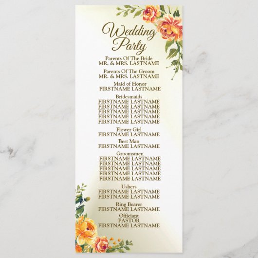 Welkom bruiloft Oranje Gele Rode Floral Greenery Programmakaart (Achterkant)