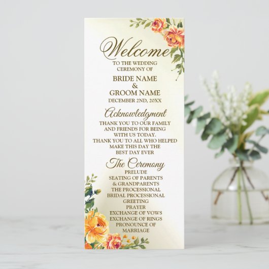 Welkom bruiloft Oranje Gele Rode Floral Greenery Programmakaart (Staand voorkant)