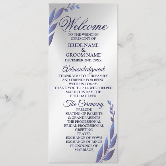 Welkom bruiloft Paars Blue Floral Silver Modern Programmakaart (Voorkant)
