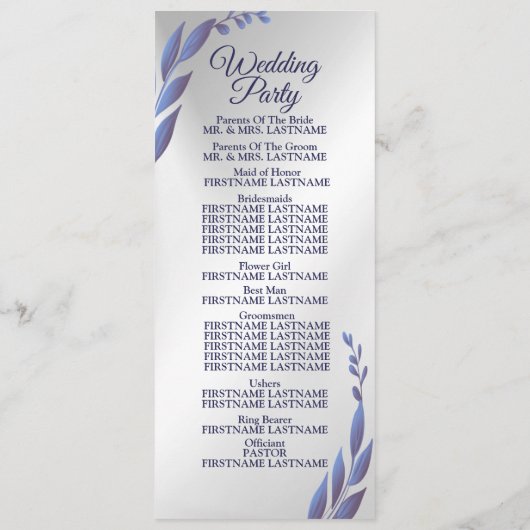Welkom bruiloft Paars Blue Floral Silver Modern Programmakaart (Achterkant)