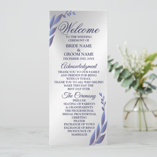 Welkom bruiloft Paars Blue Floral Silver Modern Programmakaart (Staand voorkant)