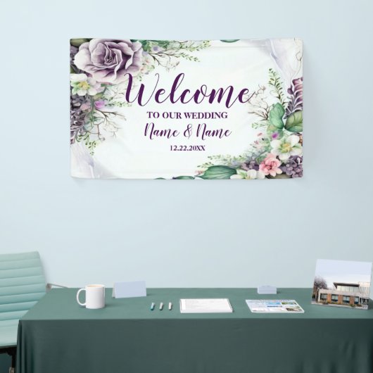 Welkom bruiloft Paarse Floral Green Foliage Spandoek