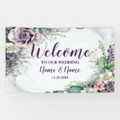 Welkom bruiloft Paarse Floral Green Foliage Spandoek (Horizontaal)