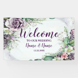 Welkom bruiloft Paarse Floral Green Foliage Spandoek