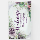 Welkom bruiloft Paarse Floral Green Foliage Spandoek (Verticaal)