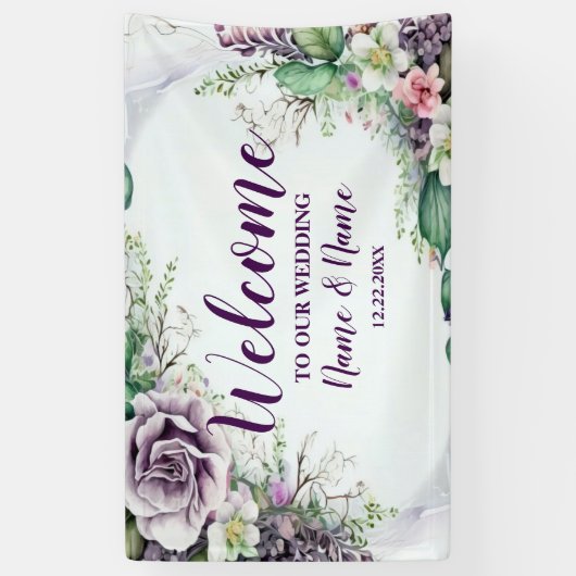 Welkom bruiloft Paarse Floral Green Foliage Spandoek (Verticaal)