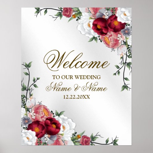Welkom bruiloft Partij Colorful Red White Floral Poster (Voorkant)