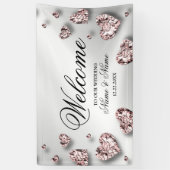 Welkom Bruiloft Partij Roze Perzik Glanzende Harte Spandoek (Verticaal)