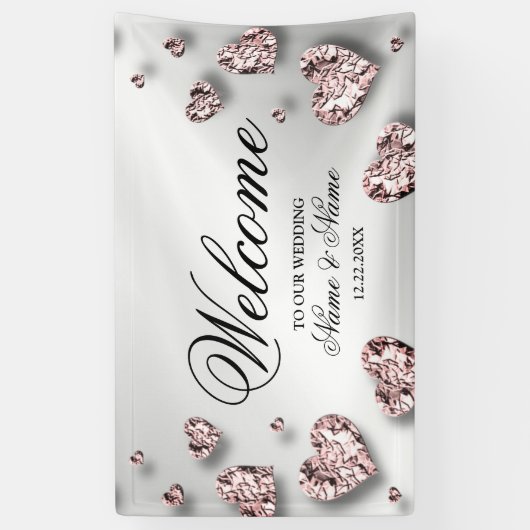 Welkom Bruiloft Partij Roze Perzik Glanzende Harte Spandoek (Verticaal)