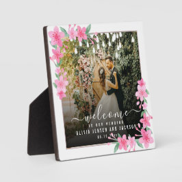 Welkom Bruiloft Party Roze Bloemen Lijst Plaque Fotoplaat