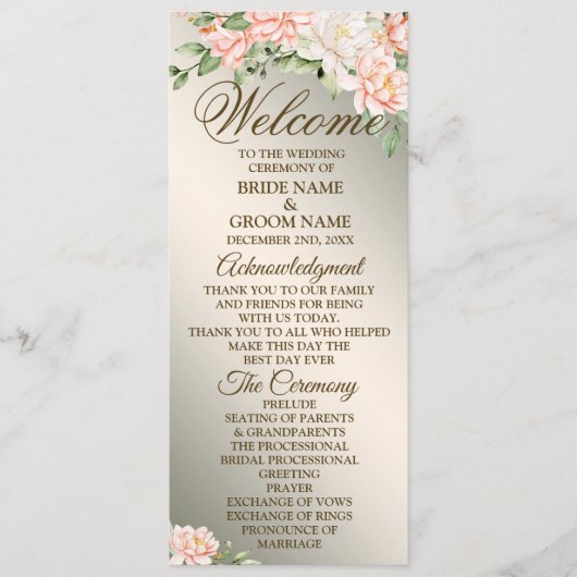 Welkom Bruiloft Party Waterverf Perzik Bloemen Programmakaart (Voorkant)