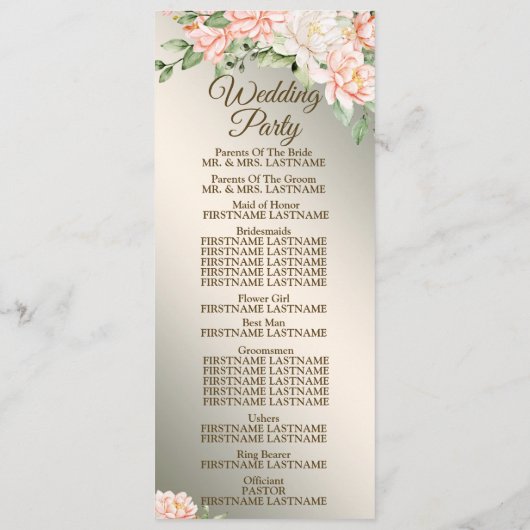 Welkom Bruiloft Party Waterverf Perzik Bloemen Programmakaart (Achterkant)