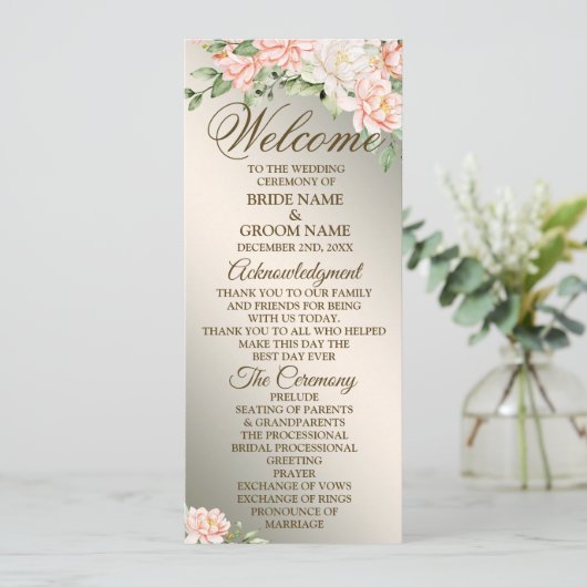 Welkom Bruiloft Party Waterverf Perzik Bloemen Programmakaart (Staand voorkant)