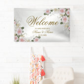 Welkom bruiloft Pink Floral Silver Elegant Spandoek (Insitu)