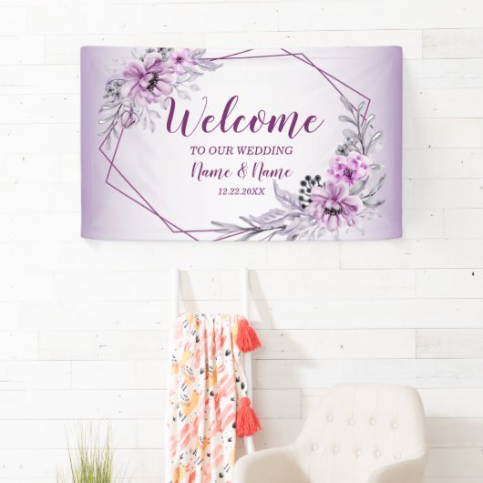Welkom bruiloft Pink Floral Violet Paars Spandoek (Insitu)